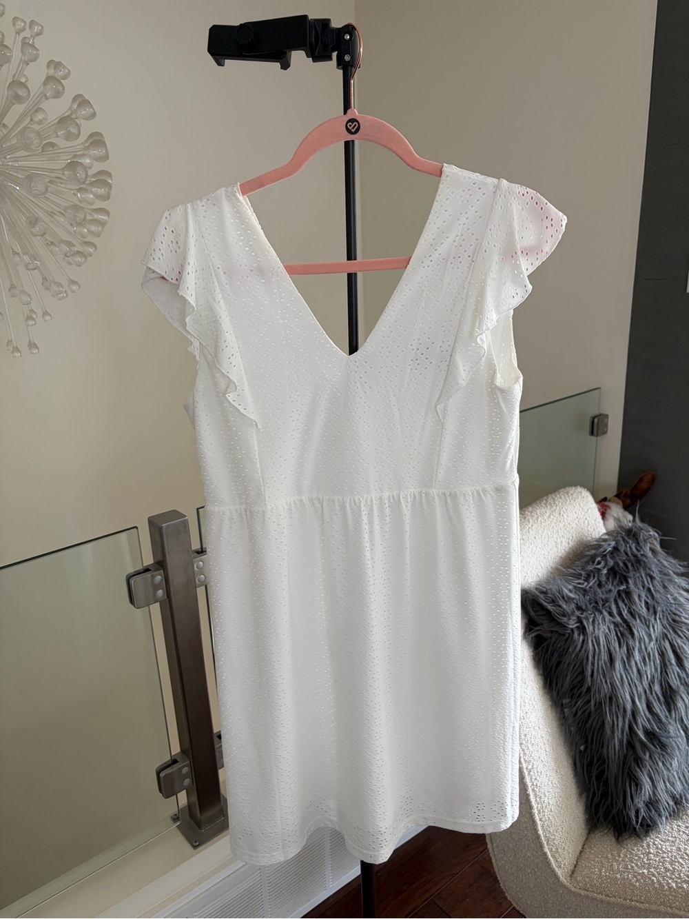 White Eyelet V-Neck Ruffle Sleeve Dress